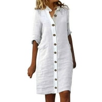 Bijela haljina Ženska Ženska pamučna lanena obična ljetna ležerna majica sa zasukanim rukavima s gumbima široka