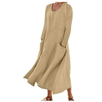 Ženske haljine Ženska Moda dugih rukava jednobojna pamučna lanena haljina s okruglim vratom s džepovima Midi haljina