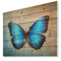 DesignArt 'plavi vintage leptir' cvjetni umjetnički tisak na prirodnom borovom drvetu
