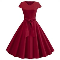 Ženski vintage kratki rukavi Čvrsta boja luk rub tanak vitka vintage haljina, lubenica crvena, m