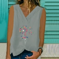 Ljetne ženske majice bez rukava s izrezom i printom u obliku slova U, pamučne lanene košulje s prorezom, Ležerne