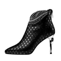 Ženske čizme u tamnoj boji, čizme s tankom potpeticom, modne ženske cipele od rhinestona, kratke prozračne cipele