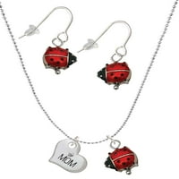 Nakit od malog srca Mama s prozirnom kristalno crvenom ogrlicom i setom visećih naušnica