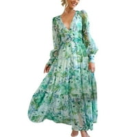 Ženska haljina za žene, Ženska proljetno-ljetna haljina za odmor s printom dugih rukava s izrezom u obliku slova