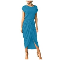 Ženska mini ljetna haljina s okruglim vratom i kratkim rukavima, Obična ležerna Ženska haljina do gležnja, plava