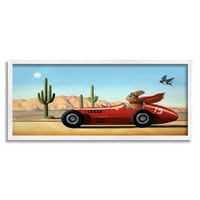 Stupell Industries Race Car Bunny Vožnja pustinjskog kanjona Slikanje bijele uokvirene umjetničke print zidne