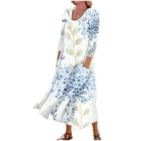 Ženska ležerna udobna haljina s cvjetnim printom od tri četvrtine pamučnih rukava s džepovima Maksi haljina za