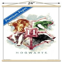 Čarobni svijet: Hari Potter-Hogvarts ilustrirani zidni plakat s grbovima kuća u drvenom magnetskom okviru, 22.375