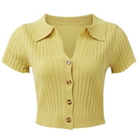 Ženski topovi, Ženska Moda, novo ljeto, jednobojne kratke pletene hlače s reverom Bez rukava, vrhovi u žutoj boji