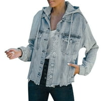Ženska traper jakna, istrošena traper jakna, ženska zimska traper jakna s džepom na kopčanje s kapuljačom, labavi