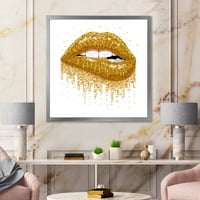 Dizajnerska umjetnost djevojačke usne sa sjajnim zlatnim iskrama - uokvireni moderni umjetnički tisak