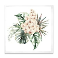 DesignArt 'buket s orhidejama kokosovim lišćem i monstera' tradicionalni uokvireni umjetnički tisak