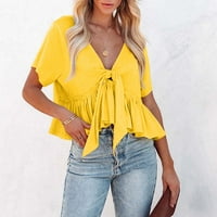 Ženske ljetne vrhove bluze žene kratke rukave ležerne čvrste košulje s V-izrezom žute l