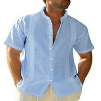 Sunisery muškarci casual pamučna lanena gumba s kratkim rukavima stalak za ovratnik lagane majice obične ljetne