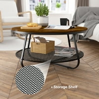 Dvoslojni okrugli stolić za kavu s policom za odlaganje, rustikalni drveni stolić za kauč s izdržljivim metalnim