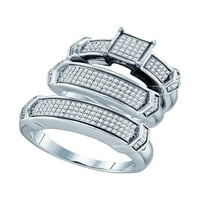 Čvrsto Sterling srebro, njegovo i njezino, okrugli kvadratni dijamant, odgovarajući par od tri prstena, vjenčani