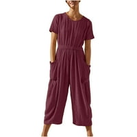 Ženske čvrste boje pamučne lanene hlače Udobna ležerna labava široka kombinezona za kombinezone s džepovima s