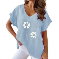 Ženski vrhovi tiskani v vrat pamuk casual šišmiša kratka rukava majica žena plava veličina 3xl