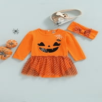 Aturuste Halloween Djevojčice haljine od bundeve osmijeh print romper s trakom za glavu narančastu 0- mjesece