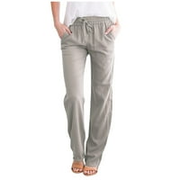 Ženske hlače širokih nogu, ženske Ležerne pamučne i lanene jednobojne hlače s elastičnim strukom, duge ravne hlače