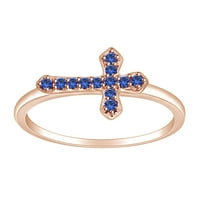 0. Prsten od 10 karatnog čvrstog ružičastog zlata okruglog oblika s plavim safirom u obliku križnog križa, veličina