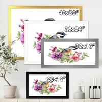 DesignArt 'Slatka ptica u tradicionalnom uokvirenom umjetničkom tisku ljubičastog i ružičastog cvijeća