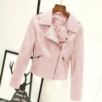 Kožni kaput za žene- Zipper Čvrsta kožna jakna od dugih rukava nadmašuje ružičasta s