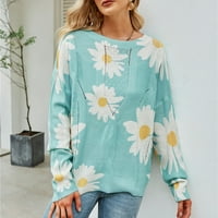Džemper za žene s džepom, Ženski ležerni džemper s cvjetnim printom, otvoreni pleteni džemperi s dugim rukavima