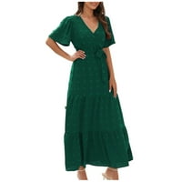 Ženska ljetna modna haljina u stilu boemskog kroja s visokim remenom, duga haljina kratkih rukava, zelena
