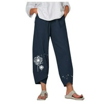 Ljetne hlače za žene povremeni pamučni posteljina široka noga Elastični struk Capri hlače za usjeve plaže s džepovima