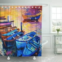 Originalna uljana slika na platnu čamci na pristaništu u modernom impresionističkom stilu, zavjese za tuširanje