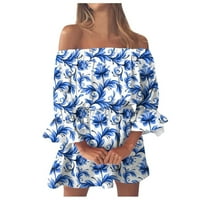 Ljetne haljine za žene, ležerna Mini haljina A kroja s printom na jedno rame, Plava;