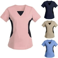Ženske majice kratkih rukava s izrezom u obliku slova U radna uniforma jednobojna bluza s džepovima u obliku krpice