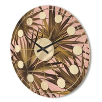 Dizajnerski moderni drveni zidni sat sredinom stoljeća tropsko lišće na ružičastom retro