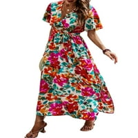 Seksi Ženska duga plesna haljina s cvjetnim printom, maksi haljine s izrezom u obliku slova u, Ljetna haljina