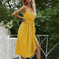 Ženska elegantna haljina s točkicama bez rukava, haljina s naramenicama, do koljena, nabrana Žuta;