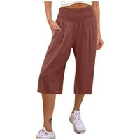 Ženske jednobojne Ležerne rastezljive hlače s visokim strukom, jednobojne hlače sa sedam točaka i džepovima