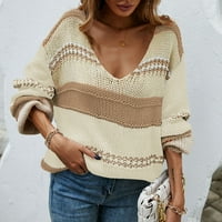 Džemperi za hueook za žene novi v-izrezani colorblock uzročne ženske pletene pulover dugih rukava s džepnim vrhovima