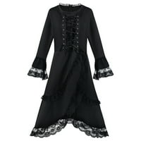 Ženska haljina za Noć vještica, Ženska Crna čipkasta slojevita haljina s dugim rukavima s okruglim vratom