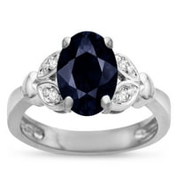 Zaručnički prsten obećanje od bijelog zlata u obliku šatora u obliku okruglog prirodnog crnog safira, ženske veličine,